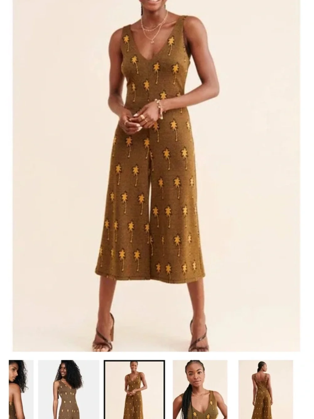 Anthropologie Brown Palm-Print Knit Sleeveless Jumpsuit - Picture 4 of 7